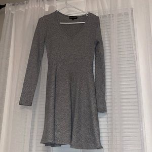 Almost Famous Ribbed Gray V Neck A Line Skater Long Sleeve Dress Small